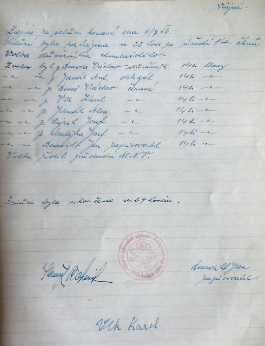 Zápis schůze MNV Přibenice - volba funkcionářů, Benda Václav, Janák Antonín, Beneš Václav, Vlk Karel, Rejzek Josef, Matějka Josef, Benedikt Jan, zdroj: SOkA Louny