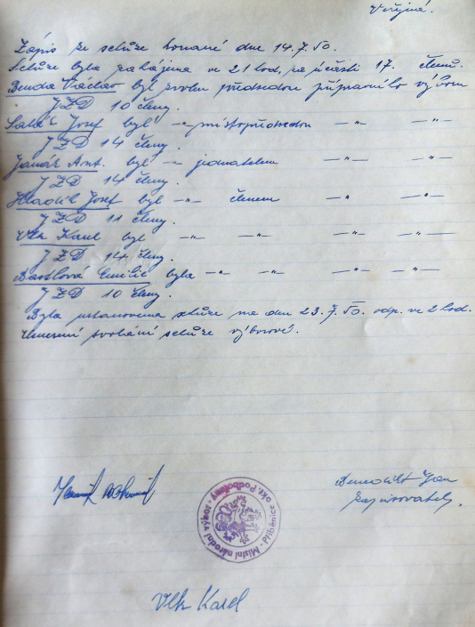 Zápis schůze MNV Přibenice - zvolení funcionářů - Benda Václav, Salák Josef, Janák Antonín, Hladík Josef, Vlk Karel, Bastlová Emilie, zdroj: SOkA Louny
