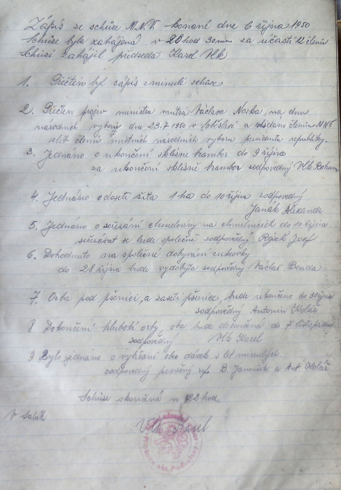 Zápis schůze MNV Přibenice - projednány závady na účtech za rok 1949, písemně vyzván bývalý předseda MNV Josef Matějka, aby vysvětlil kde použil vybrané peníze, zdroj: SOkA Louny