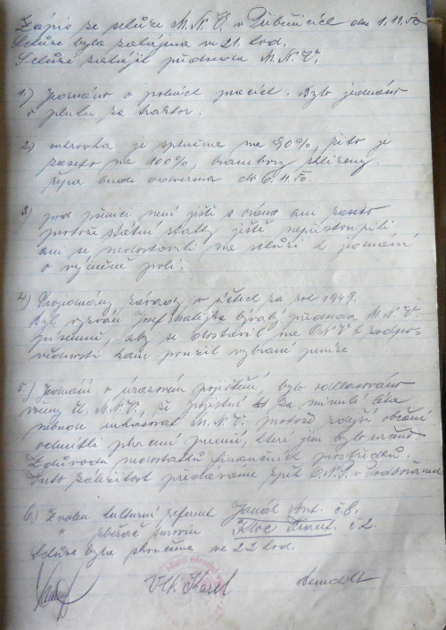 Zápis schůze MNV Přibenice - projednány závady na účtech za rok 1949, zvolen Janák Ant. (č.8) jako kulturní referent, Kloc František (č.2) jako zběrač surovin, zdroj: SOkA Louny
