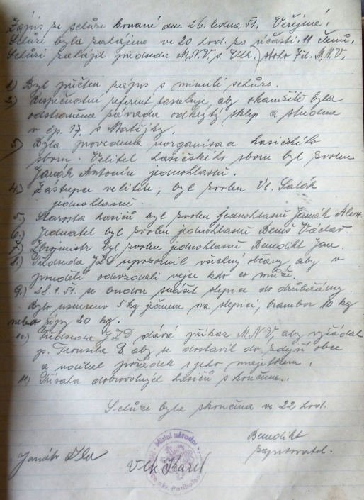 Zápis schůze MNV Přibenice - reorg. hasičského sboru, starostou hasičů zvolen Janák Antonín, zástupcem Vl. Salák. Přednosta JZD dává příkaz MNV, aby vyžádal s. Trousila, aby se dostavil do zdejší obce a udělal pořádek s jeho majetkem, zdroj: SOkA Louny
