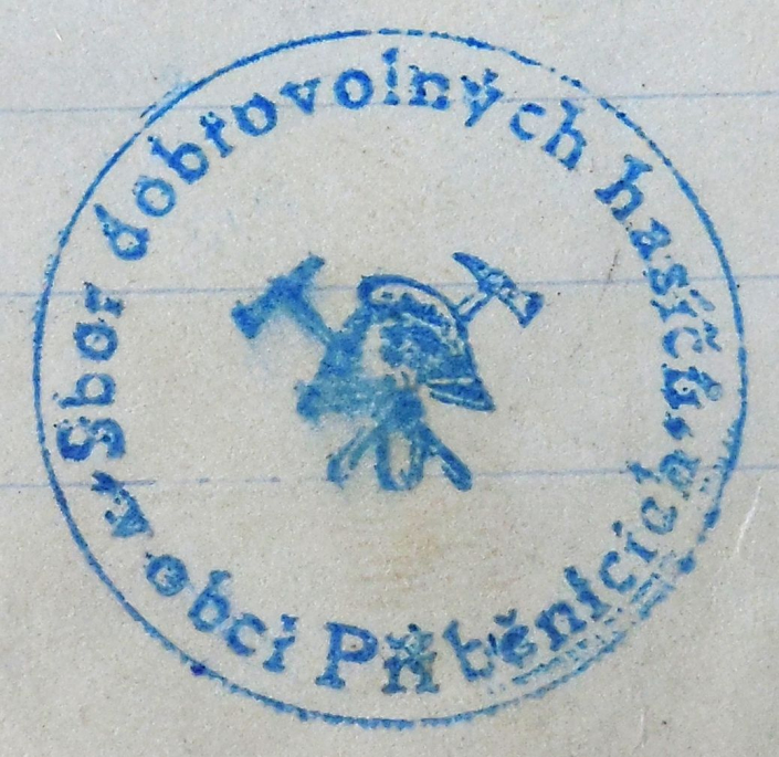 Otisk razítka s textem: Sbor dobrovolných hasičů v obci Příběnicích, rok 1952, výřez: Pavel Mašek, zdroj dokumentu: SOkA Louny