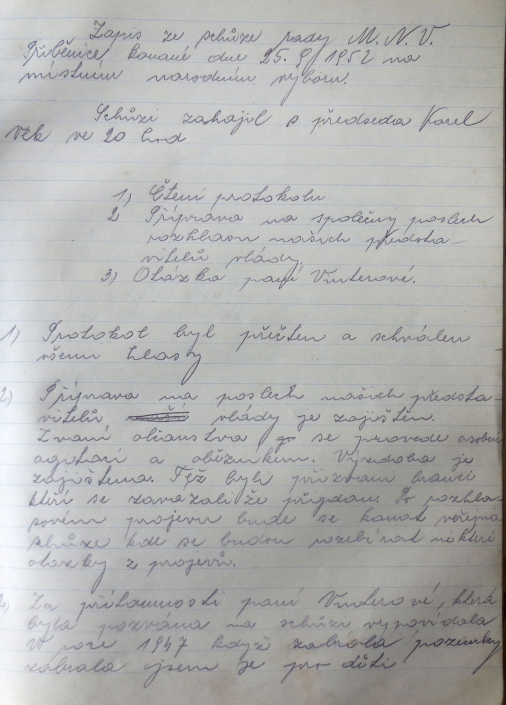 MNV Přibenice - poslech našich představitelů je zajištěn, paní Vinterová vypovídala, že v roce 1947 když zabírala pozemky, tak je zabírala pro děti, zdroj: SOkA Louny