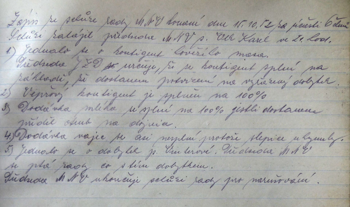Jednání MNV - informace ohledně dodávek, slepice uhynuly, jednání o dobytku paní Vinterové, zdroj: SOkA Louny