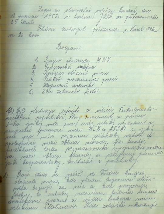 Jednání MNV - referát na téma Sovětsko - Československého přátelství, koná se kongres ve Vídni o míru, veliký Stalin, ..., zdroj: SOkA Louny