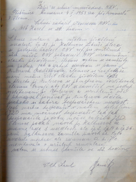 Jednání MNV - žádost paní Kalkusové Libuše o přidění usedlosti čp. 23, vystěhování paní Vinterové, zdroj: SOkA Louny