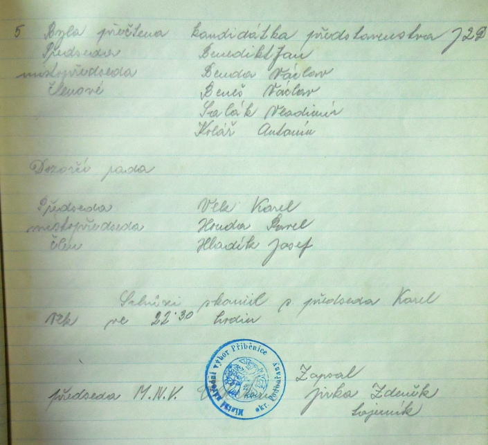 Sestavena kandidátka JZD - Benedikt Jan, Benda Václav, Beneš Václav, Salák Vladimír, Kolář Antonín, Vlk Karel, Houda Pavel, Hladík Josef, zdroj: SOkA Louny