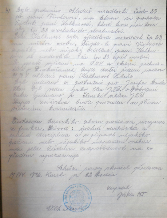 Paní Kalkusová Libuše dostává usedlost čp. 23 na dobu určitou po paní Vinterové, předseda hasičského sboru podává rezignaci, zdroj: SOkA Louny