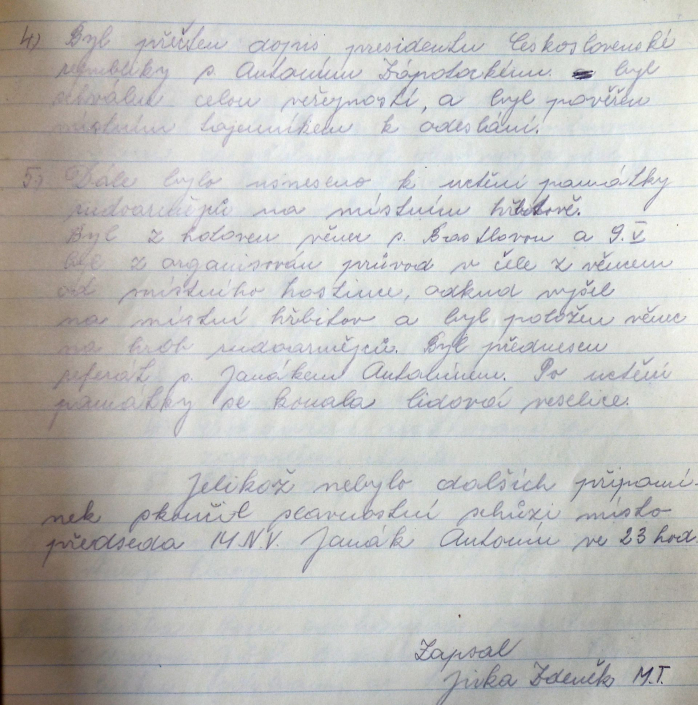 MNV - zápis ohledně přečtení dopisu Ant. Zápotockému, uctění památky Rudoarmějců na místním hřbitově, Janák Antonín přednesl referát, po uctění lidová veselice, zdroj: SOkA Louny