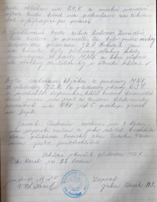 MNV - pokračování zápisu ohledně odstranění veslušky a pracovní povinnosti, denní hodnocení práce na řepě, zdroj: SOkA Louny