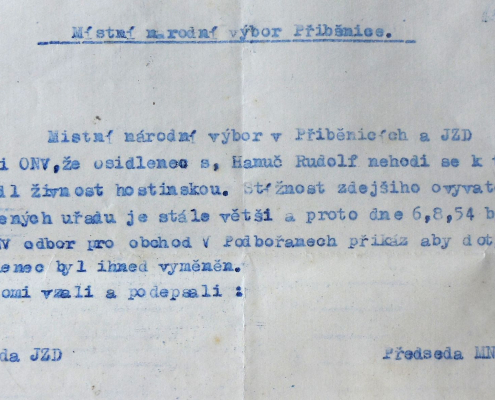 MNV Přibenice - sdělení, že osídlenec Hanuč Rudols (Hanuš ?) se nehodí k tomu, aby vedl živnost hostinskou, zdroj: SOkA Louny