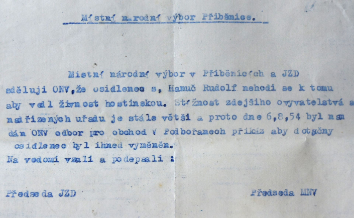 MNV Přibenice - sdělení, že osídlenec Hanuč Rudols (Hanuš ?) se nehodí k tomu, aby vedl živnost hostinskou, zdroj: SOkA Louny