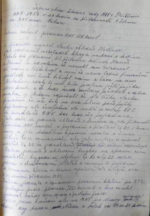 MNV Přibenice - jednání o hostinci s Hanušem, který nezvládá. Diskuze ohledně přidělení čp. 23, denní hlášení pro STS, zdroj: SOkA Louny