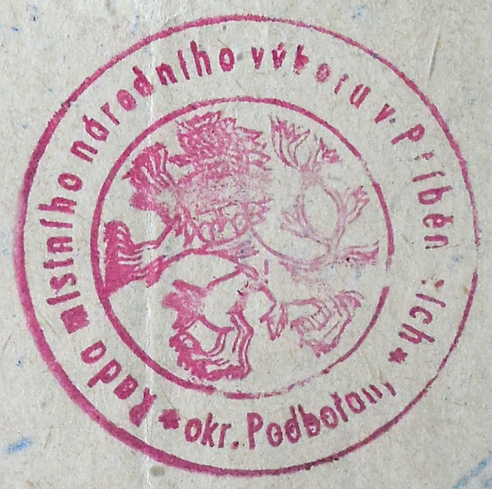 Otisk razítka s textem: Rada místního národního výboru v Příběnících * okr. Podbořany * , rok 1959, výřez: Pavel Mašek, zdroj dokumentu: SOkA Louny