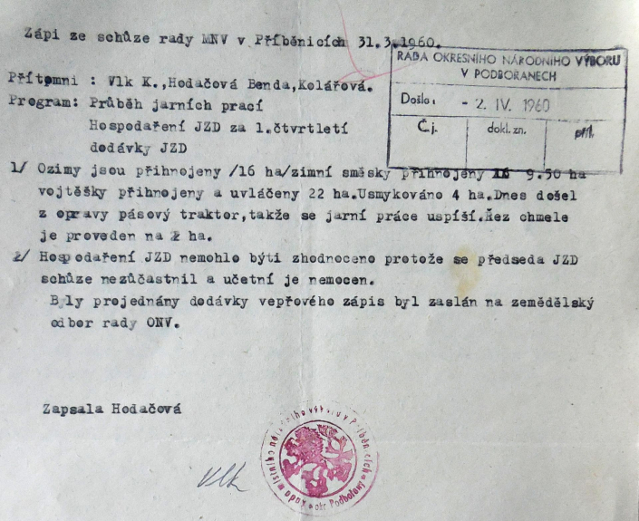Sbírka dokumentů - Místní národní výbor Příběnice, zdroj: SOkA Louny