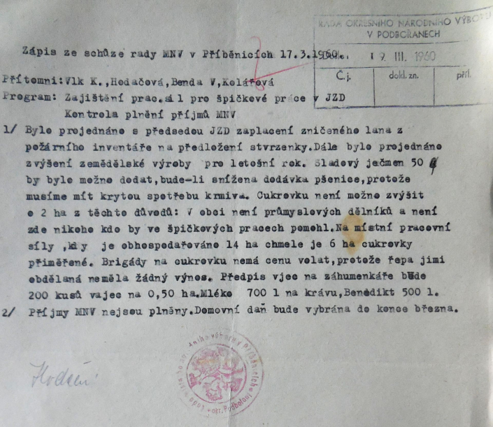 Sbírka dokumentů - Místní národní výbor Příběnice, zdroj: SOkA Louny