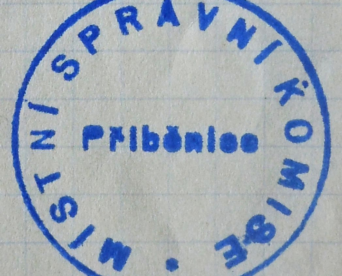 Otisk razítka s textem: Místní správní komise Přiběnice, rok 1946, výřez: Pavel Mašek, zdroj dokumentu: SOkA Louny