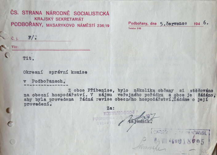 Sbírka dokumentů - Místní národní výbor a místní správní komise Přibenice, zdroj: SOkA Louny
