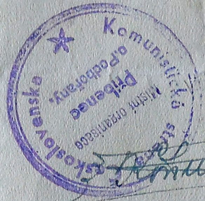 Otisk razítka s textem: Komunistická strana Československa - Místní organisace Přibenec o. Podbořany., rok 1946, výřez: Pavel Mašek, zdroj dokumentu: SOkA Louny