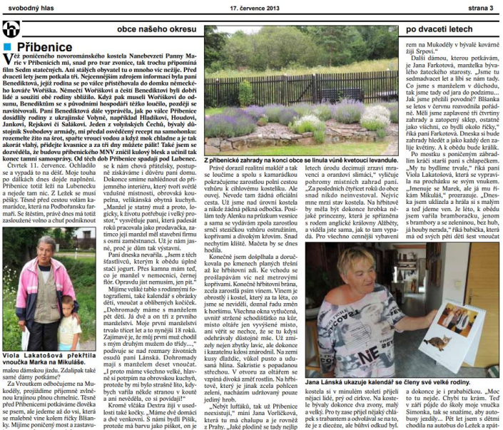 Týdeník Svobodný hlas, ročník 2013, číslo 29, strana 3, obce našeho okresu - Přibenice, zdroj: týdeník Svobodný hlas, autorka Ing. Květa Tošnerová