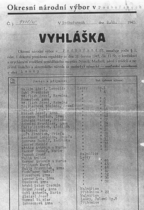 Vyhláška ONV Podbořany o konfiskaci a urychleném rozdělení majetku i pro ves Přiběnice, rok 1945, strana 1, zdroj: Heimatstube Podersam – Jechnitz in Kronach