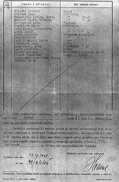 Vyhláška ONV Podbořany o konfiskaci a urychleném rozdělení majetku i pro ves Přiběnice, rok 1945, strana 2, zdroj: Heimatstube Podersam – Jechnitz in Kronach