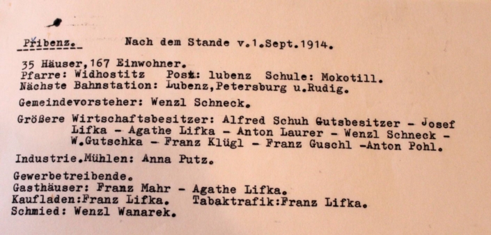 Shrnutí o vsi Přibenice ke dni 1. září 1914 - 35 domů, 167 obyvatel. Zdroj: Heimatstube Podersam – Jechnitz in Kronach