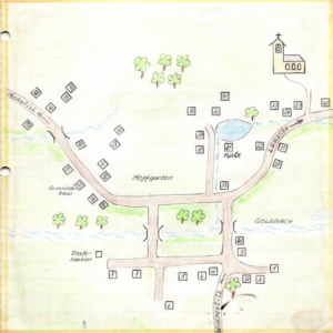 Mapa vsi Přibenice - vzpomínky obyvatel na doby minulé, před rokem 1945. Autorka: Hedwig Schuh, zdroj: Heimatstube Podersam – Jechnitz in Kronach