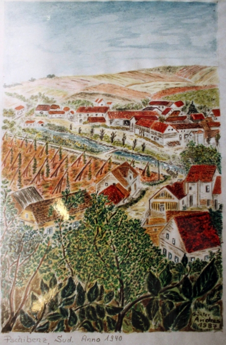 Přibenice, pohled od jihu, rok 1940, zdroj: Heimatstube Podersam – Jechnitz in Kronach