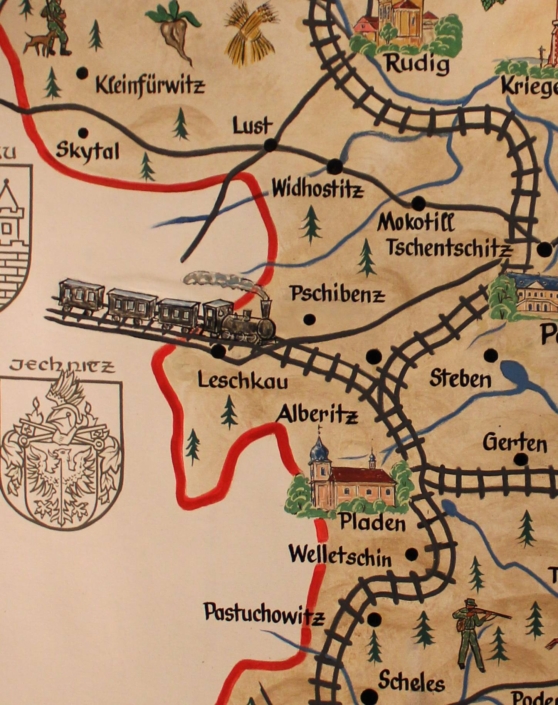 Grafické znázornění míst v bývalém okresu Podersam (Podbořany), zdroj: Heimatstube Podersam – Jechnitz in Kronach