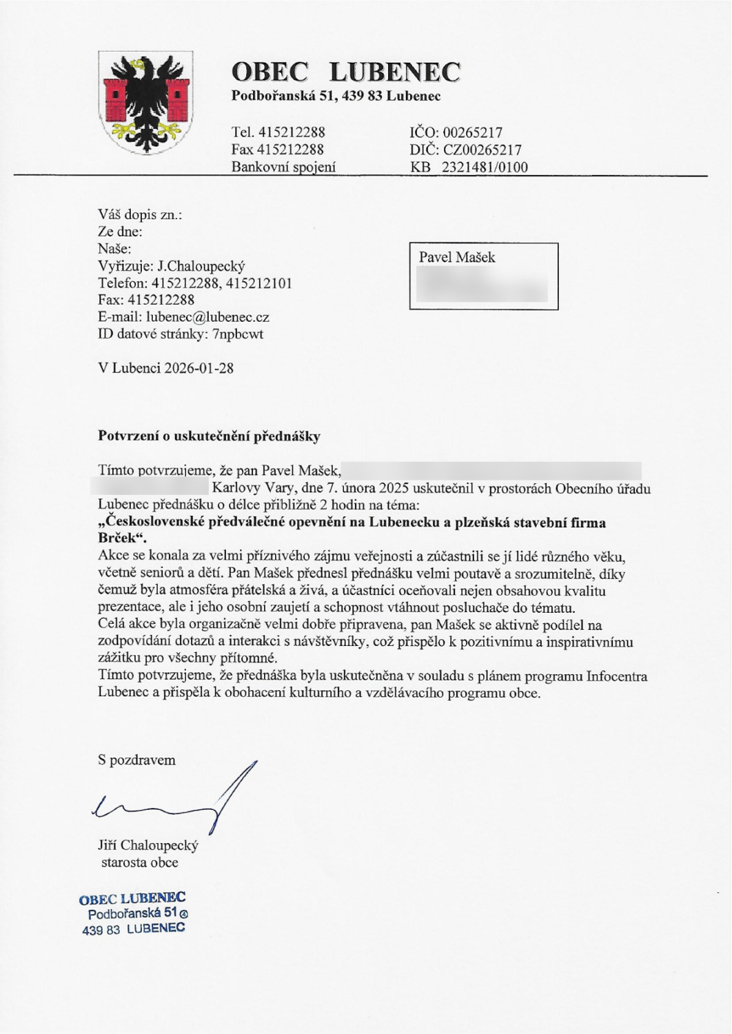 Zpětná vazba na přednášku v obci Lubenec - téma prvorepublikové opevnění v Přibenicích na Lubenecku